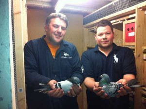 John Gladwin & John Cowlin holding 2 top Frans Zwol cock birds.